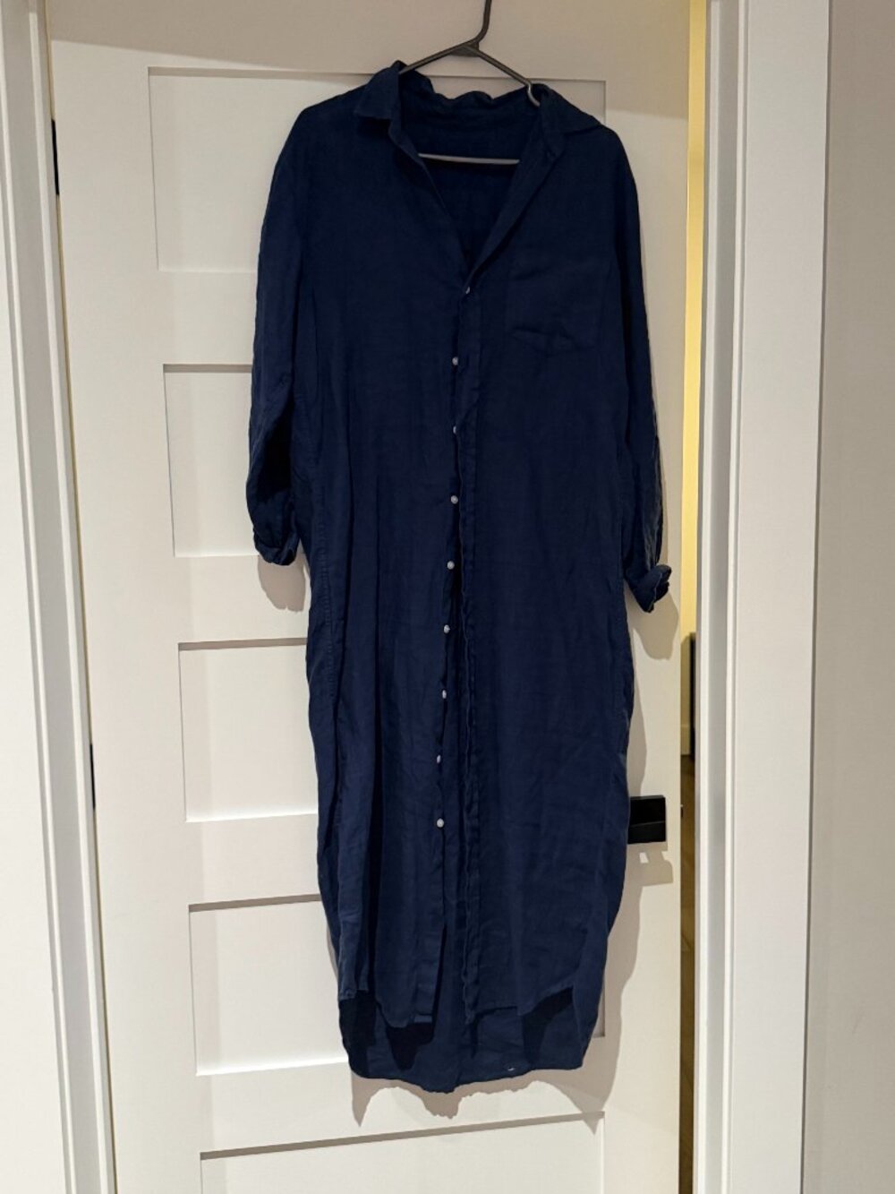 Frank & Eileen Navy Linen Shirt Dress Size Medium Button Front Midi Dress
